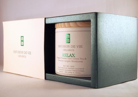 Organic Relaxation Tea - Premium Taiwanese green tea Yilan &amp; Lingzhi (glowing ganoderma) 有機健康茶 - 台灣宜蘭綠茶及靈芝 50g box